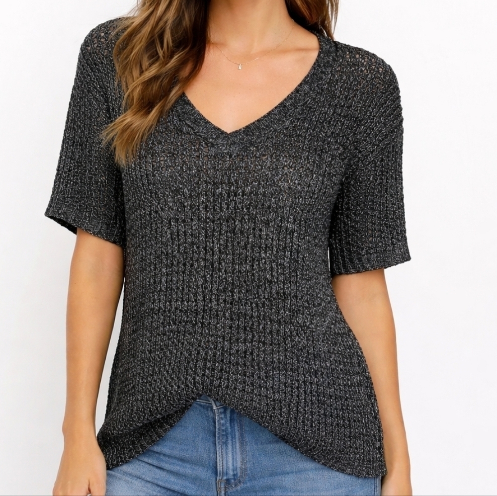 Torrid Black Silver Eyelette Short Sleeve Sweater Metalic Festive Whimsigoth L
